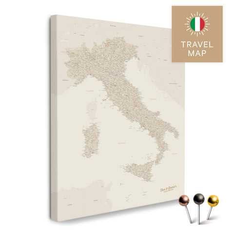 Italien-Landkarte in der Farbe Gold in einem modernen, minimalistischem Design als Leinwand zum Pinnen von Reisen und Orten
