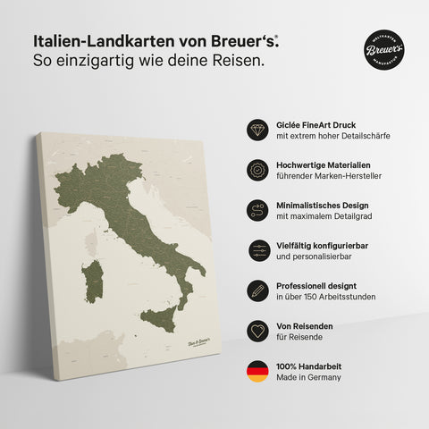 Carte de l’Italie à épingles TRAVEL® – Olive Green