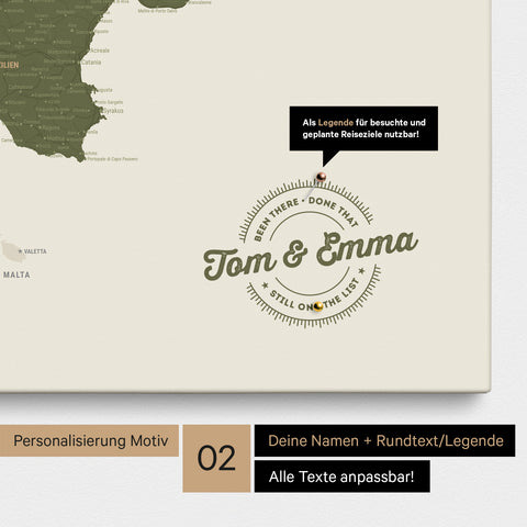 Italien-Karte Pinn-Leinwand in Grün mit Personalisierung als rundes Logo, das eine Legende für bereits besuchte Reiseziele im Rundtext beinhaltet
