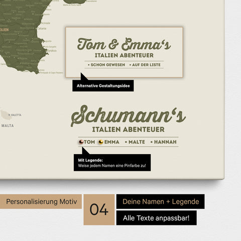 Italien-Karte als Leinwand in Grün mit Personalisierung als Logo mit Familiennamen und Legende für Orte, die man bereits besucht hat und noch besuchen möchte