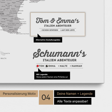 Italien-Karte als Leinwand in Hellgrau mit Personalisierung als Logo mit Familiennamen und Legende für Orte, die man bereits besucht hat und noch besuchen möchte