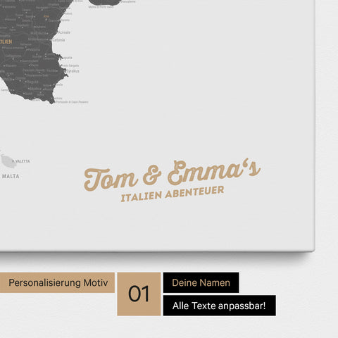 Landkarte von Italien als Pinnwand Leinwand in Light Gray mit Personalisierung und Namen in einer modernen Schreibschrift