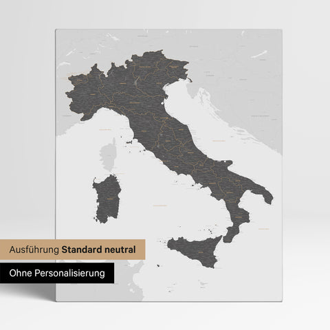 Neutrale Standard Ausführung der detaillierten Italien-Karte als Pinnwand Leinwand in Light Gray ohne Personalisierung