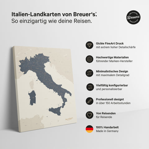 Carte de l’Italie à épingles TRAVEL® – Navy Light