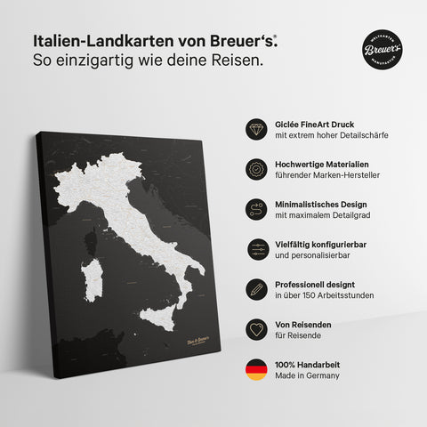 Carte de l’Italie à épingles TRAVEL® – Noir foncé (Noir et blanc)