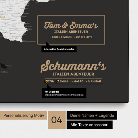 Italien-Karte als Leinwand in Schwarz-Weiss mit Personalisierung als Logo mit Familiennamen und Legende für Orte, die man bereits besucht hat und noch besuchen möchte