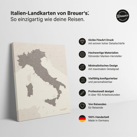 Carte de l’Italie à épingles TRAVEL® – Warmgray