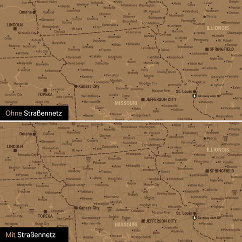 Kanada & USA Karte Pinn-Leinwand in Bronze optional mit dem Straßennetz der größten Highways und Interstates