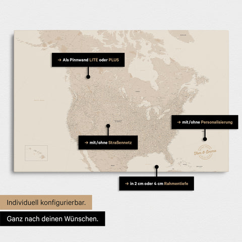 Vielfältige Konfigurationsmöglichkeiten einer Kanada & USA Landkarte als Pinn-Leinwand in Farbe Gold