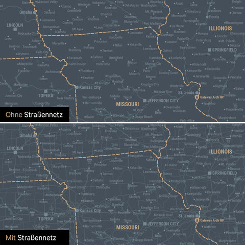 Kanada & USA Karte Pinn-Leinwand in Navy Light optional mit dem Straßennetz der größten Highways und Interstates