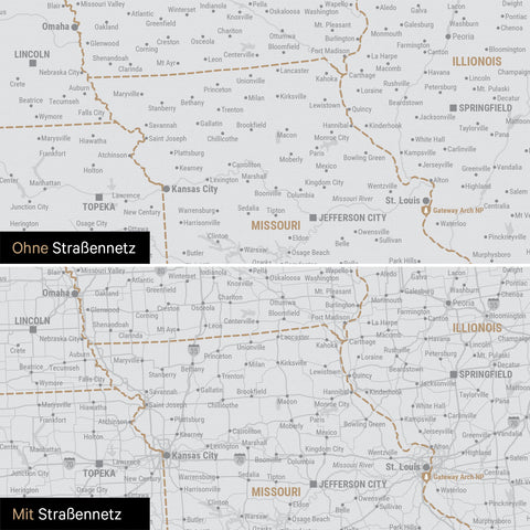 Kanada & USA Karte Pinn-Leinwand in Schwarz-Weiss optional mit dem Straßennetz der größten Highways und Interstates