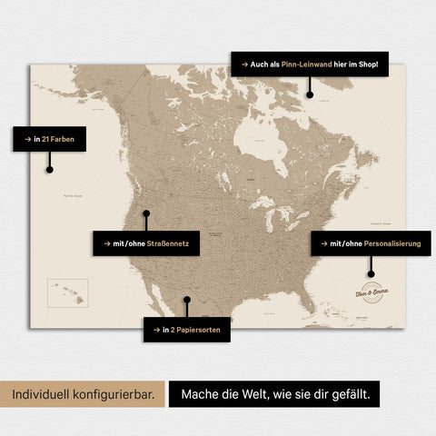 Carte du Canada et des États-Unis TRAVEL® Poster premium – en 21 couleurs