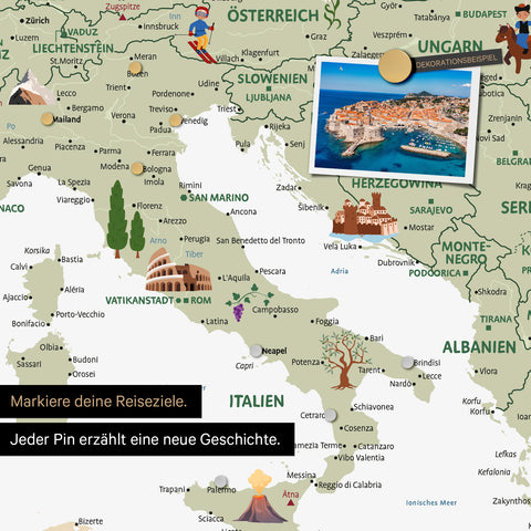 Section of a children's Europe map as a magnetic board in white color showing pins of travel destinations in Italy