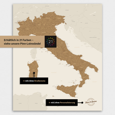 Carte de l’Italie TRAVEL® Poster magnétique – en 21 couleurs