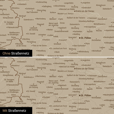 Österreich-Karte Leinwand in Desert Sand wahlweise mit oder ohne Straßennetz