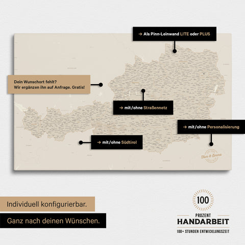 Konfigurationsmöglichkeiten einer Österreich-Landkarte mit Südtirol als Pinn-Leinwand in Gold