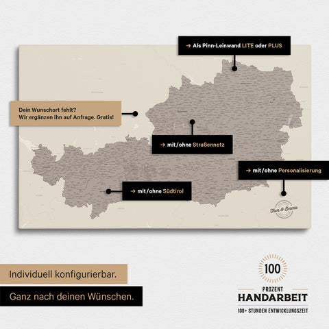 Konfigurationsmöglichkeiten einer Österreich-Landkarte mit Südtirol als Pinn-Leinwand in Warmgray