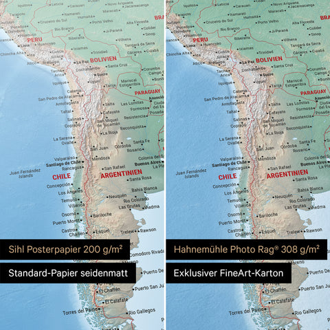Carte du monde physique en Terra multicolore en poster sur les papiers Sihl Posterpapier ou Hahnemühle Photo Rag