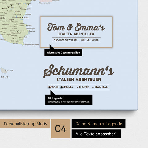 Politische Italien-Karte als Leinwand mit Personalisierung als Logo mit Familiennamen und Legende für Orte, die man bereits besucht hat und noch besuchen möchte