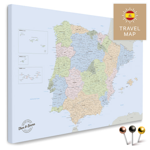 Politische Spanien- & Portugal-Landkarte in einem modernen, minimalistischem Design als Leinwand zum Pinnen von Reisen und Orten
