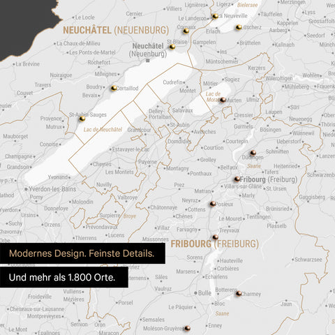 Ausschnitte einer Schweizkarte in der Region Freiburg und Thunersee als Pinn-Leinwand in Dunkelgrau mit 1.400 Orten