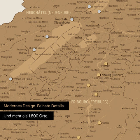 Ausschnitte einer Schweizkarte in der Region Freiburg und Thunersee in Bronze mit 1.400 Orten