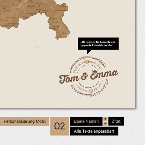 Personalisierte Magnet-Schweiz-Karte in Bronze mit eingedruckten Namen und einer Legende zur Markierung von besuchten Orten