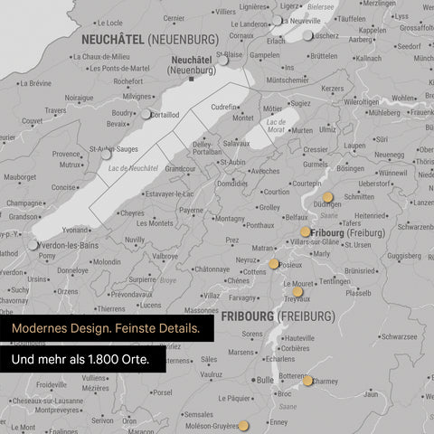 Ausschnitte einer Schweizkarte in der Region Freiburg und Thunersee in Hellgrau mit 1.400 Orten