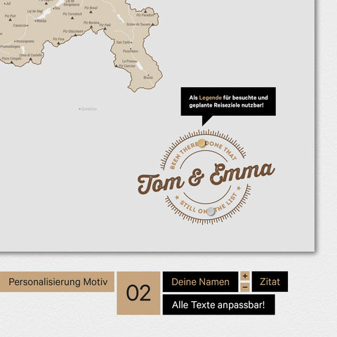 Personalisierte Magnet-Schweiz-Karte in Multicolor Beige mit eingedruckten Namen und einer Legende zur Markierung von besuchten Orten