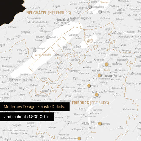 Ausschnitte einer Schweizkarte in der Region Freiburg und Thunersee in Schwarz-Weiss mit 1.400 Orten