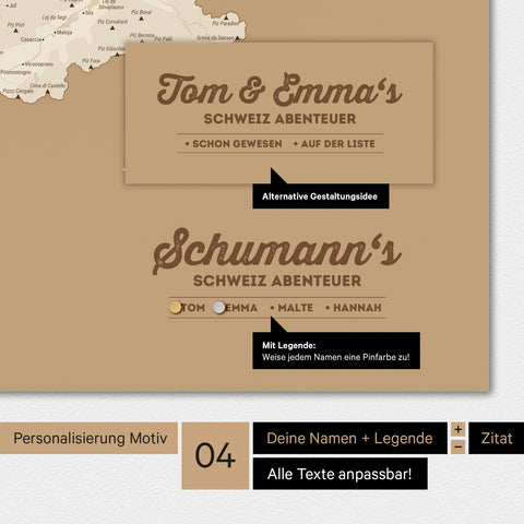 Magnetboard Schweiz-Karte in Treasure Gold mit Personalisierung als Logo mit Familiennamen
