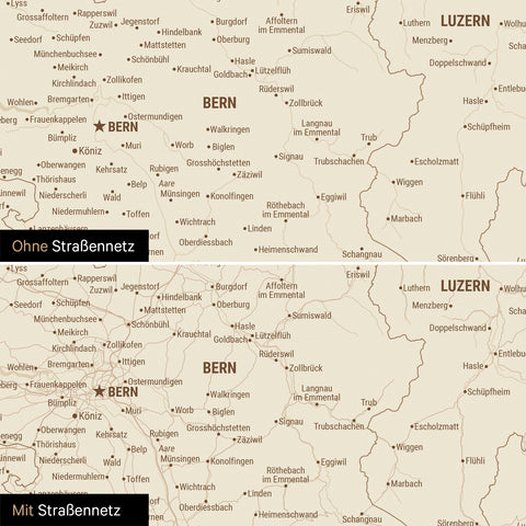 Magnetische Schweiz-Karte Leinwand in Treasure Gold wahlweise mit oder ohne Straßennetz