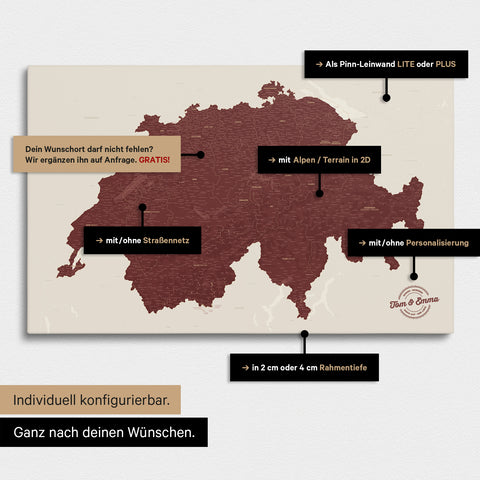 Vielfältige Konfigurationsmöglichkeiten einer Schweiz-Karte in Bordeaux Rot