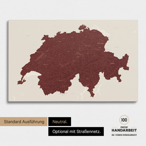 Neutrale und schlichte Standard-Ausführung einer Schweiz-Karte als Pinn-Leinwand in Treasure Gold