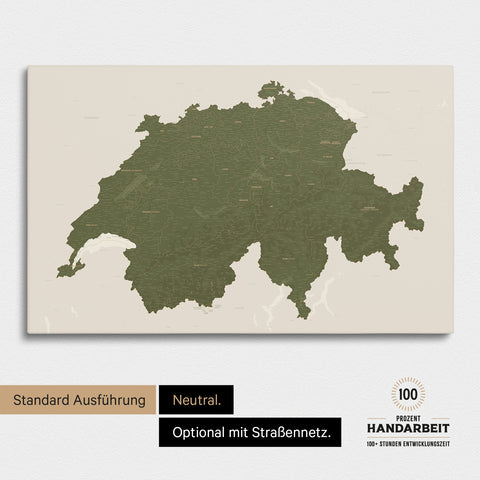 Neutrale und schlichte Standard-Ausführung einer Schweiz-Karte als Pinn-Leinwand in Treasure Olive Green