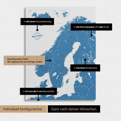 Konfigurationsmöglichkeiten einer Skandinavien-Landkarte als Pinn-Leinwand in Blau