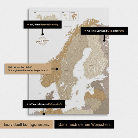 Konfigurationsmöglichkeiten einer Skandinavien-Landkarte als Pinn-Leinwand in Multicolor Beige