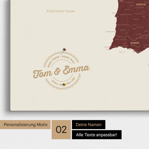 Spanien- & Portugal-Karte Pinn-Leinwand in Bordeaux-Rot mit Personalisierung als rundes Logo, das eine Legende für bereits besuchte Reiseziele im Rundtext beinhaltet