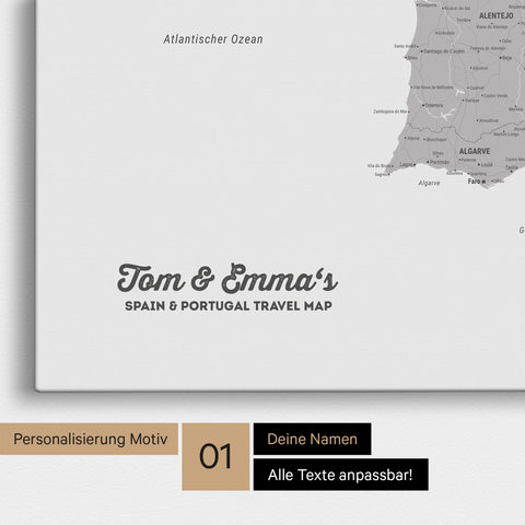 Landkarte von Spanien- & Portugal als Pinnwand Leinwand in Hellgrau mit Personalisierung und Namen in einer modernen Schreibschrift