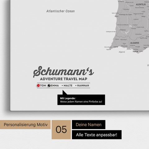 Spanien- & Portugal-Karte als Leinwand in Hellgrau mit Personalisierung als Logo mit Familiennamen und Legende für Orte, die man bereits besucht hat und noch besuchen möchte