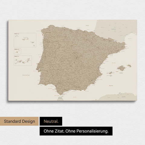 Neutrale Standard Ausführung der detaillierten Spanien- & Portugal-Karte als Pinnwand Leinwand in Desert Sand ohne Personalisierung