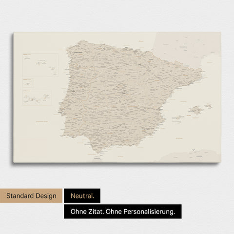 Neutrale Standard Ausführung der detaillierten Spanien- & Portugal-Karte als Pinnwand Leinwand in Gold ohne Personalisierung