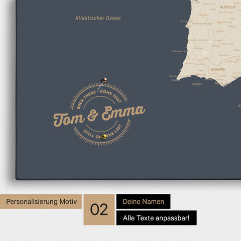Spanien- & Portugal-Karte Pinn-Leinwand in Hale Navy mit Personalisierung als rundes Logo, das eine Legende für bereits besuchte Reiseziele im Rundtext beinhaltet