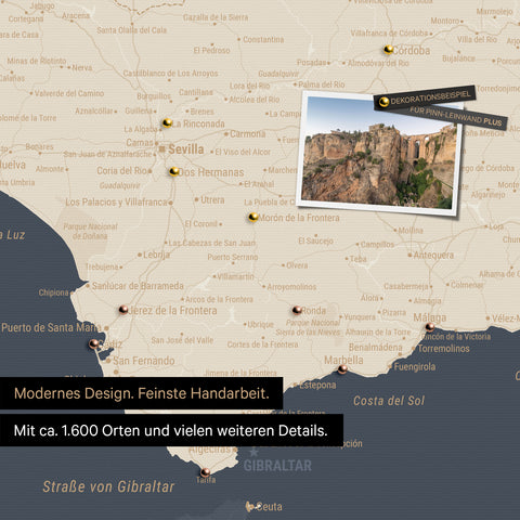 Spanien- & Portugal Landkarte in Hale Navy als Leinwand zum Pinnen zeigt einen Ausschnitt der Costa del Sol mit vielen Details wie Nationalparks, Flüssen und zahlreichen kleinen Orten und Städten, die mit Pins markiert sind