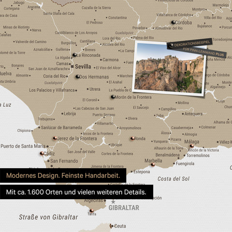 Spanien- & Portugal Landkarte in Multicolor Beige als Leinwand zum Pinnen zeigt einen Ausschnitt der Costa del Sol mit vielen Details wie Nationalparks, Flüssen und zahlreichen kleinen Orten und Städten, die mit Pins markiert sind