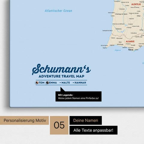 Spanien- & Portugal-Karte als Leinwand in Multicolor Classic mit Personalisierung als Logo mit Familiennamen und Legende für Orte, die man bereits besucht hat und noch besuchen möchte