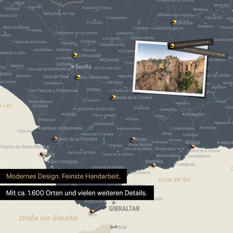 Spanien- & Portugal Landkarte in Navy Light als Leinwand zum Pinnen zeigt einen Ausschnitt der Costa del Sol mit vielen Details wie Nationalparks, Flüssen und zahlreichen kleinen Orten und Städten, die mit Pins markiert sind