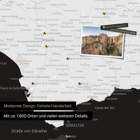 Spanien- & Portugal Landkarte in Schwarz-Weiß als Leinwand zum Pinnen zeigt einen Ausschnitt der Costa del Sol mit vielen Details wie Nationalparks, Flüssen und zahlreichen kleinen Orten und Städten, die mit Pins markiert sind