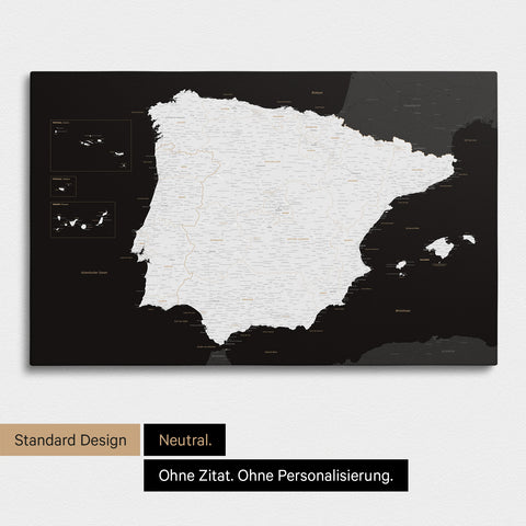Neutrale Standard Ausführung der detaillierten Spanien- & Portugal-Karte als Pinnwand Leinwand in Schwarz-Weiß ohne Personalisierung