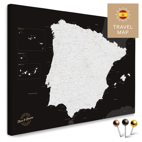 Spanien- & Portugal-Landkarte in der Farbe Schwarz-Weiß in einem modernen, minimalistischem Design als Leinwand zum Pinnen von Reisen und Orten